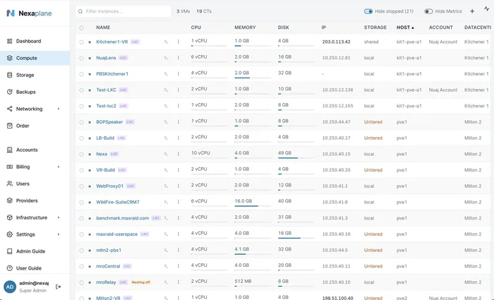 The Nexaplane console: every tenant's instances with their CPU, memory, disk, address and host