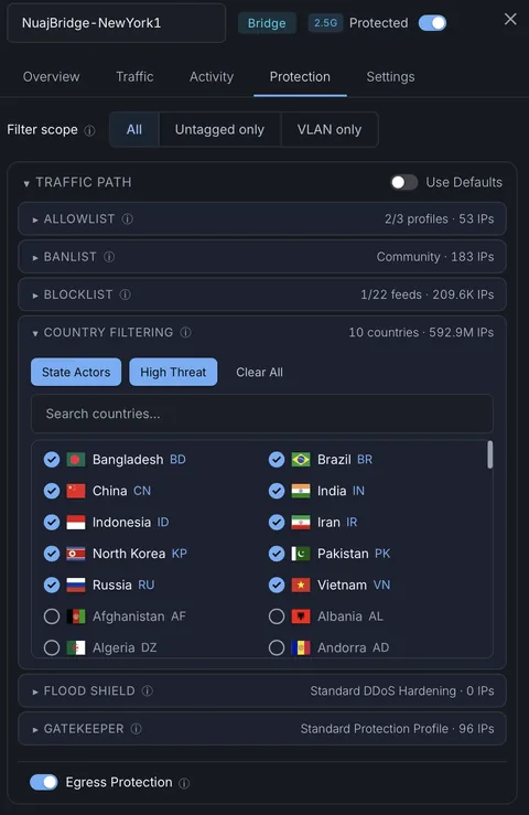 Protection settings for a NuajBridge: allowlist, banlist, blocklist feeds and country filtering