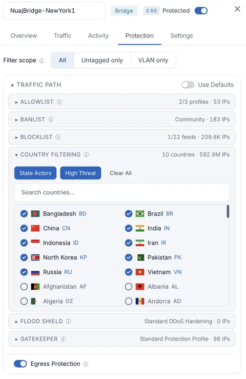 Protection settings for a NuajBridge: allowlist, banlist, blocklist feeds and country filtering