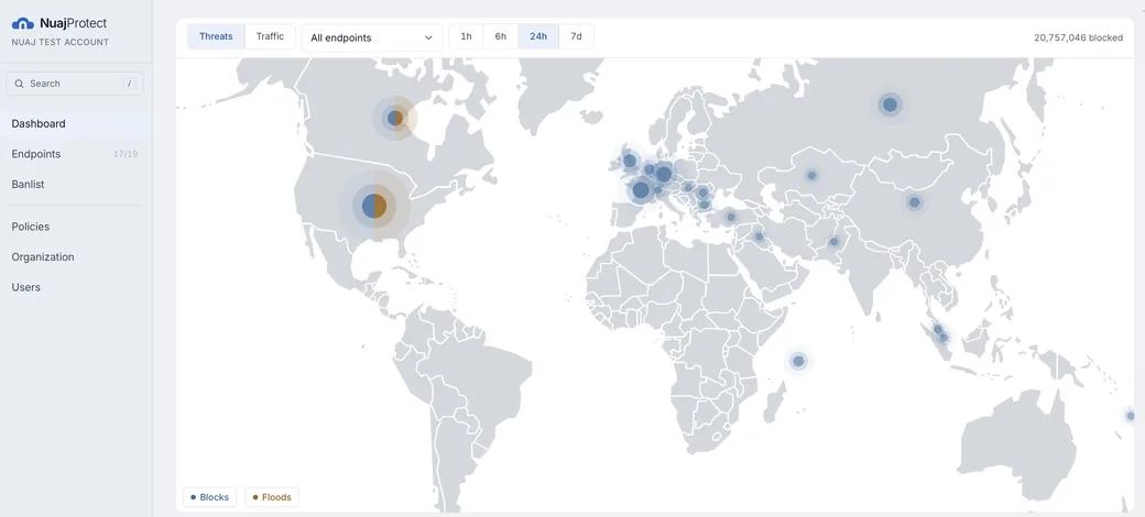 The NuajProtect console: a live global map of malicious traffic blocked across NuajBridge appliances, MikroTik routers and Linux agents