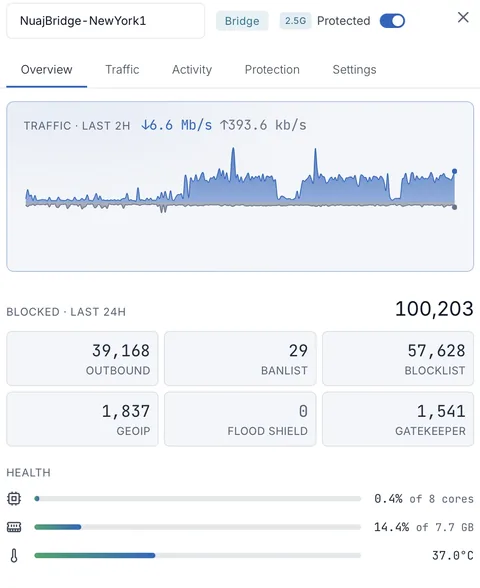 A NuajBridge at a glance: its traffic over two hours, what it blocked in the last day by reason, and its health